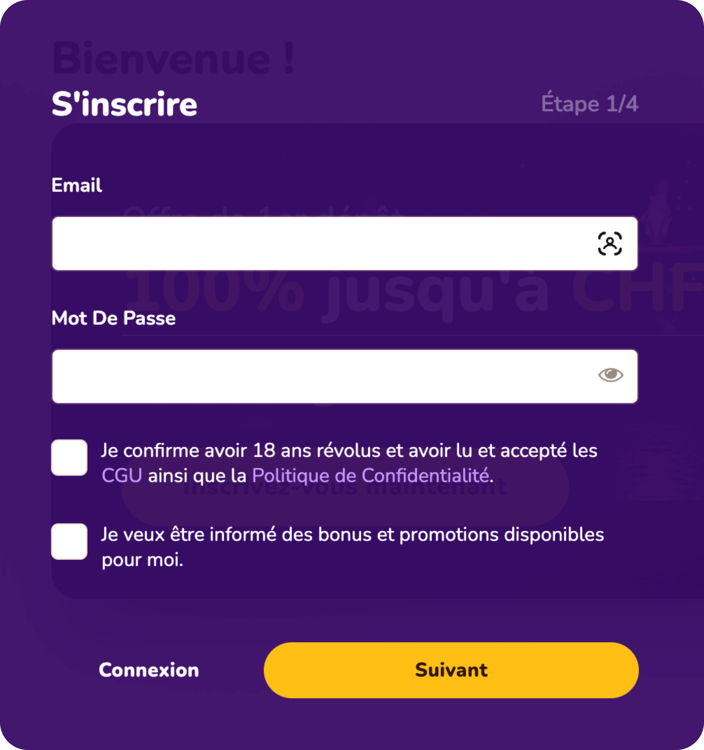 Wild Sultan — Interface inscription Étape 1/4